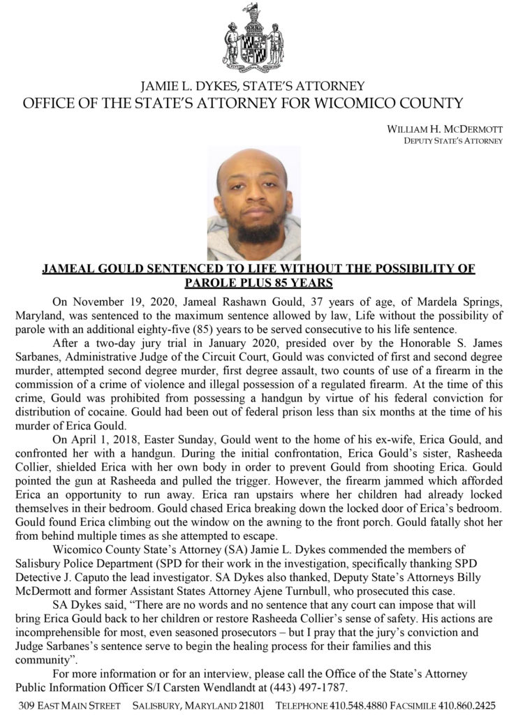 Press release of Jameal Gould sentencing